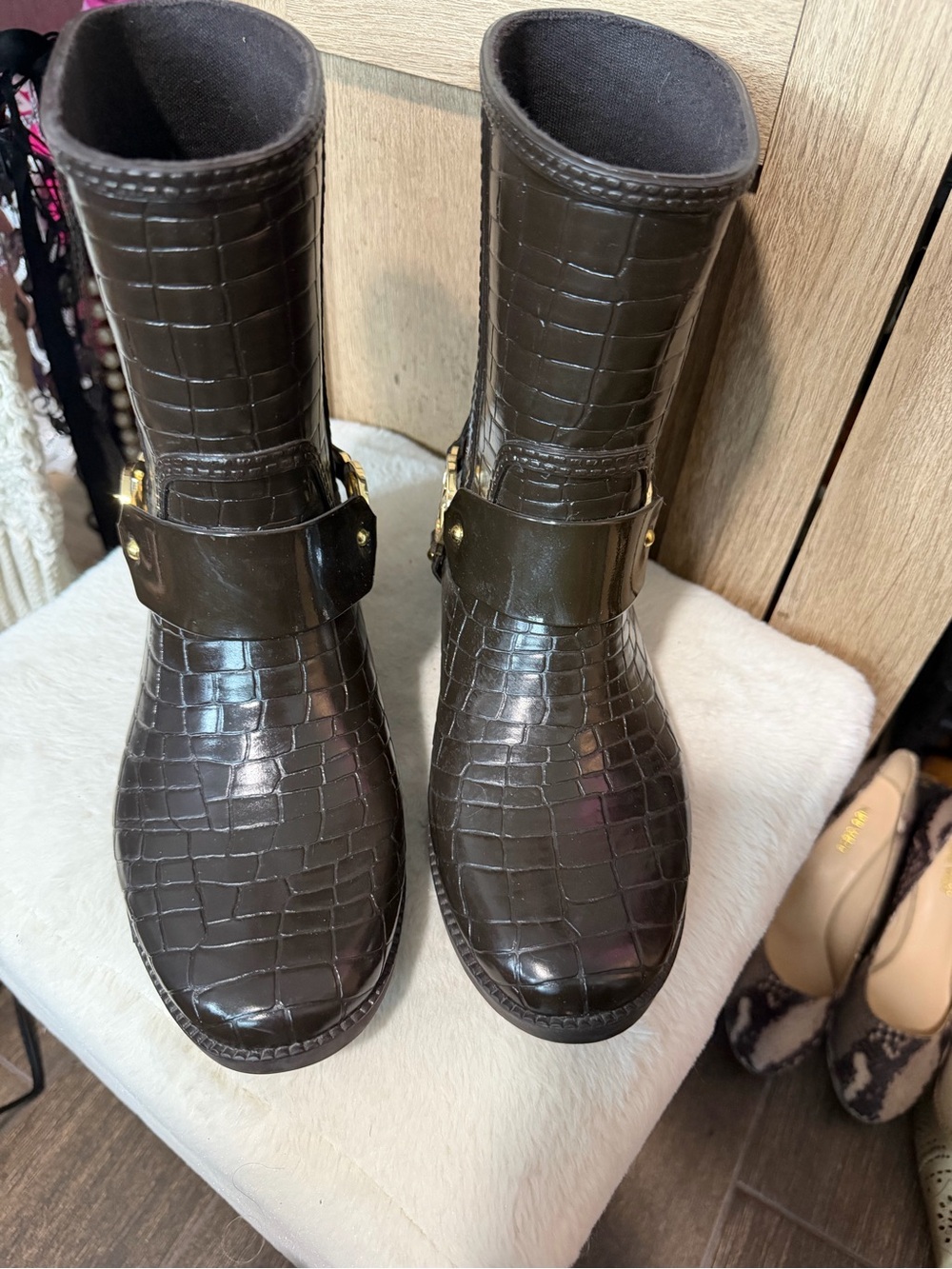 Michael Kors Dark Brown Croc-Embossed Leather Lace-Up Boots with Gold MK Accent - Picture 7 of 9